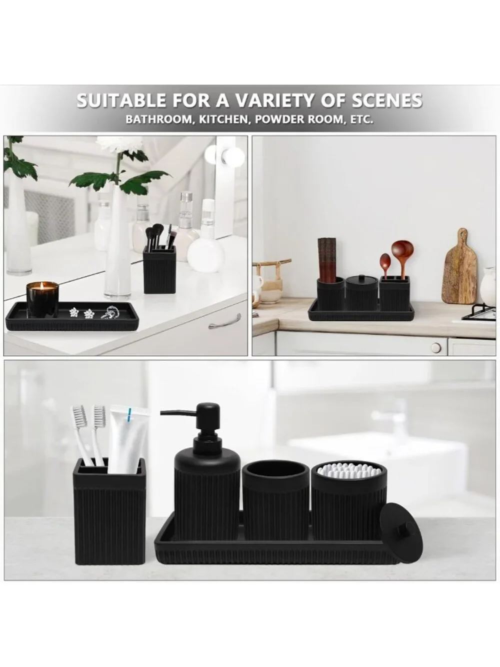 Matte Black Resin Bathroom Accessories Set - 5 Pcs, Soap Dispenser, Toothbrush